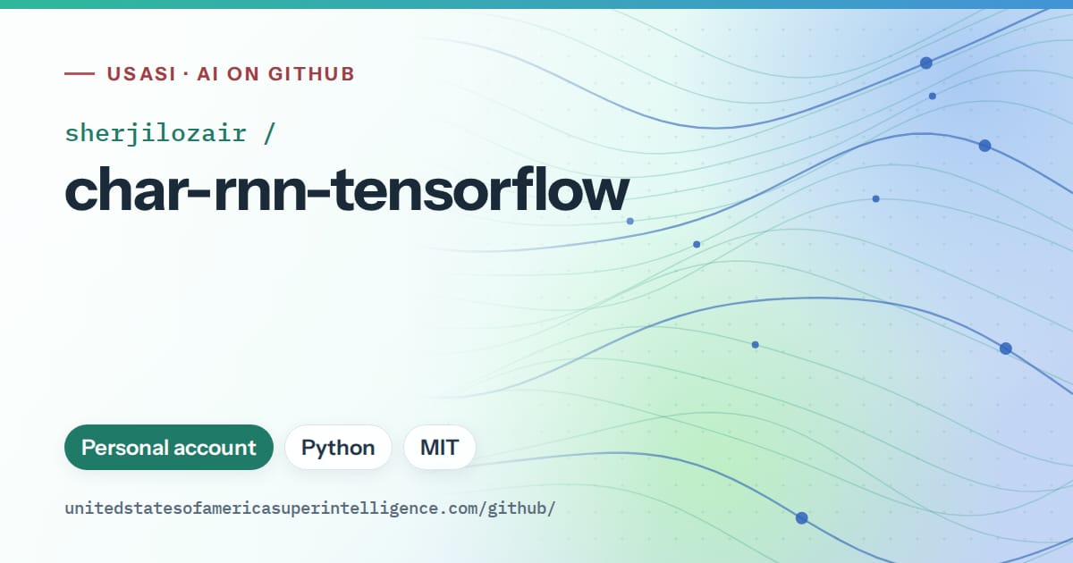 Generated teal flowing-wave artwork for sherjilozair/char-rnn-tensorflow, labeled USASI · AI on GitHub, with Personal account · Python · MIT.