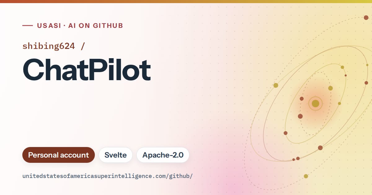 Generated red orbit artwork for shibing624/ChatPilot, labeled USASI · AI on GitHub, with Personal account · Svelte · Apache-2.0.