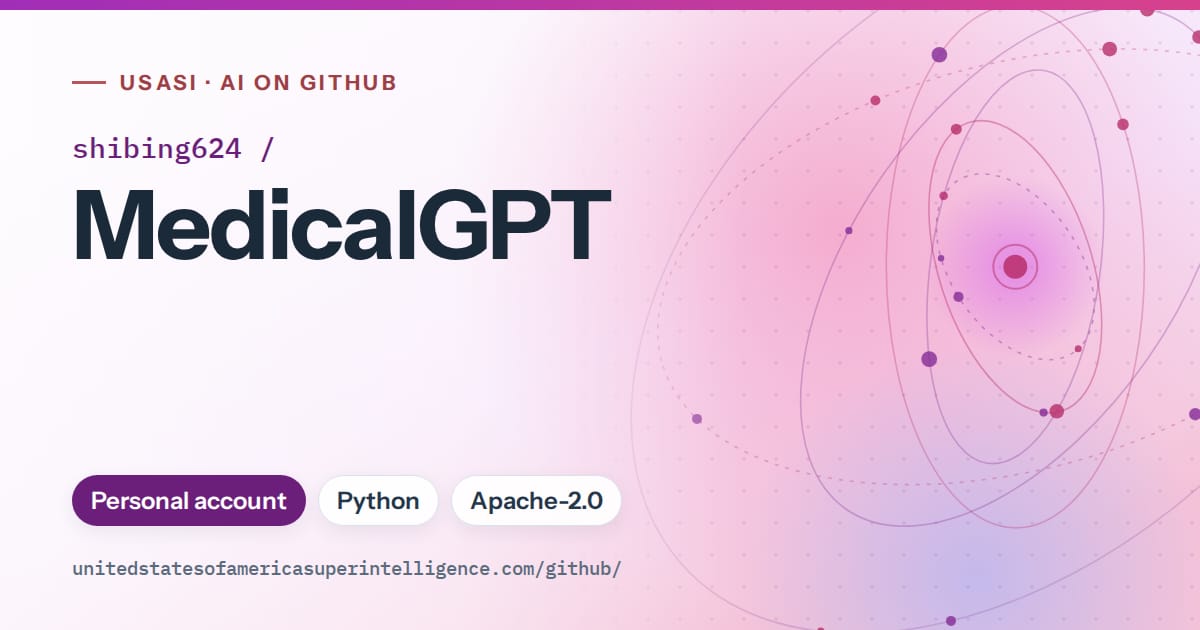 Generated purple orbit artwork for shibing624/MedicalGPT, labeled USASI · AI on GitHub, with Personal account · Python · Apache-2.0.