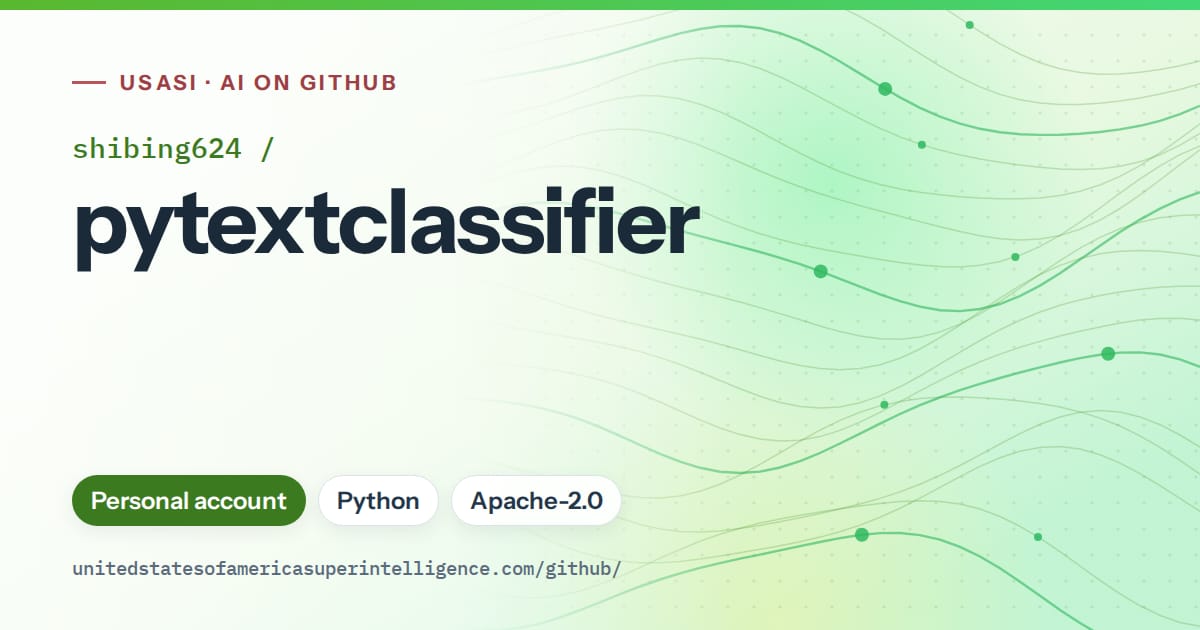 Generated green flowing-wave artwork for shibing624/pytextclassifier, labeled USASI · AI on GitHub, with Personal account · Python · Apache-2.0.