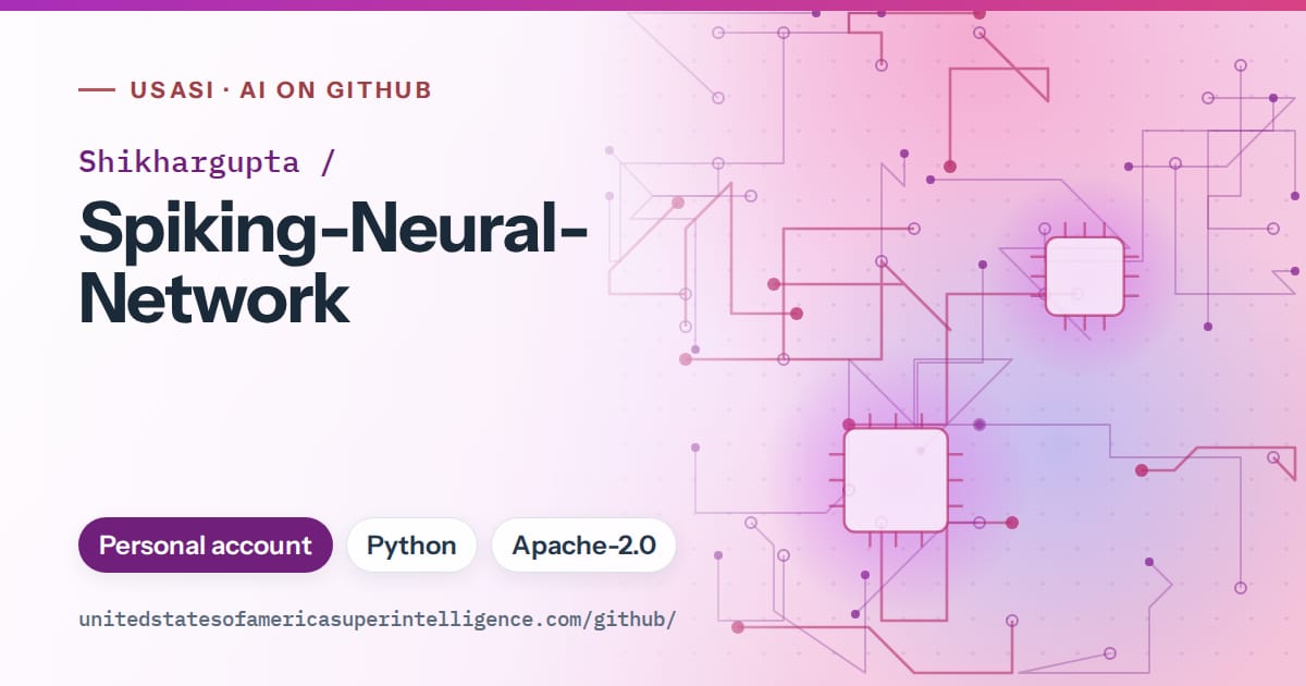 Generated purple circuit-trace artwork for Shikhargupta/Spiking-Neural-Network, labeled USASI · AI on GitHub, with Personal account · Python · Apache-2.0.