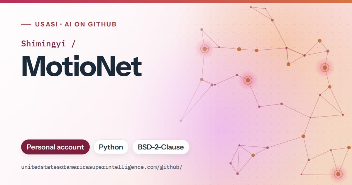 Generated pink constellation network artwork for Shimingyi/MotioNet, labeled USASI · AI on GitHub, with Personal account · Python · BSD-2-Clause.