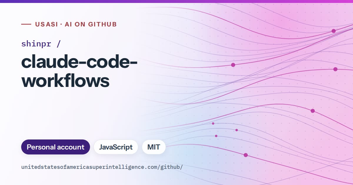 Generated violet flowing-wave artwork for shinpr/claude-code-workflows, labeled USASI · AI on GitHub, with Personal account · JavaScript · MIT.
