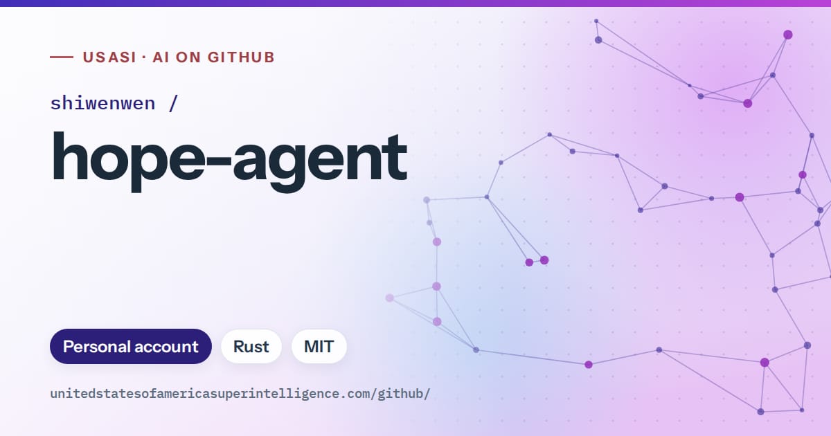 Generated blue constellation network artwork for shiwenwen/hope-agent, labeled USASI · AI on GitHub, with Personal account · Rust · MIT.