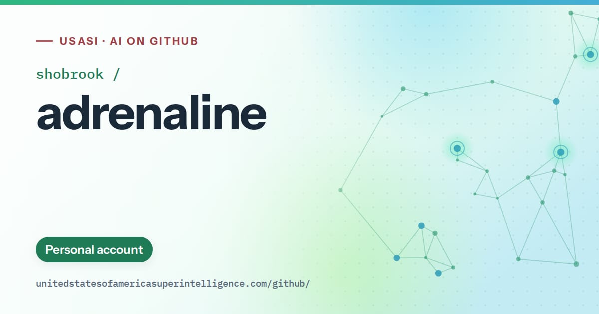 Generated teal constellation network artwork for shobrook/adrenaline, labeled USASI · AI on GitHub, with Personal account.