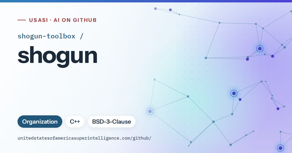 Generated sky blue constellation network artwork for shogun-toolbox/shogun, labeled USASI · AI on GitHub, with Organization · C++ · BSD-3-Clause.