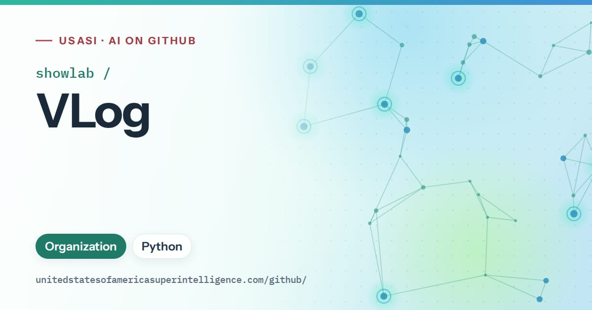 Generated teal constellation network artwork for showlab/VLog, labeled USASI · AI on GitHub, with Organization · Python.