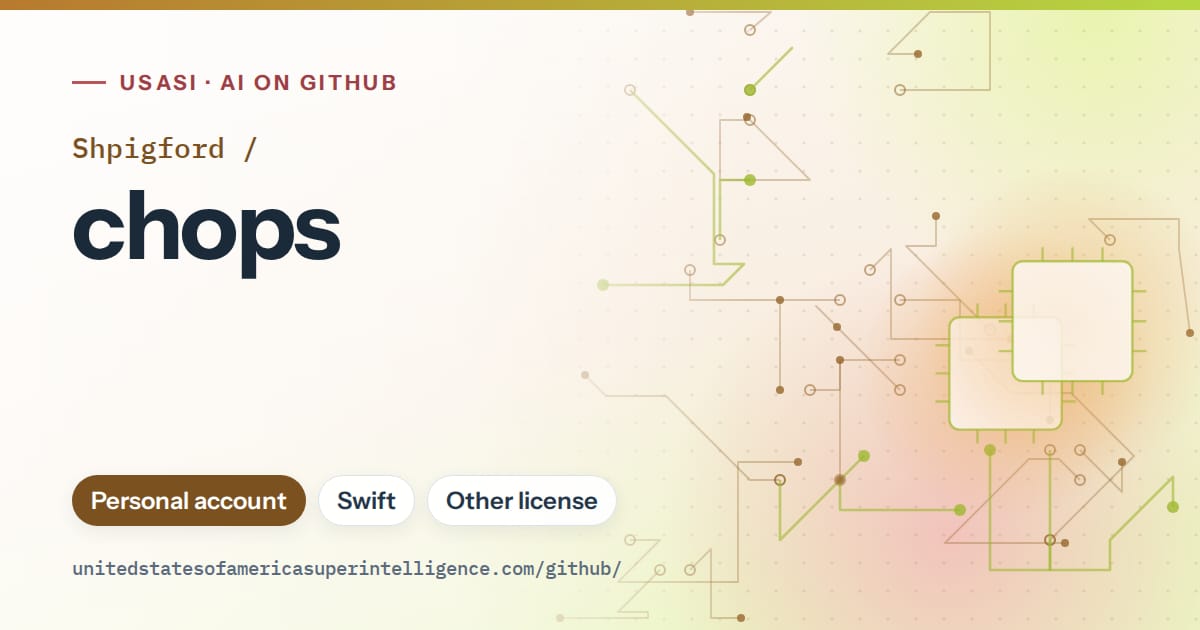 Generated orange circuit-trace artwork for Shpigford/chops, labeled USASI · AI on GitHub, with Personal account · Swift · Other license.