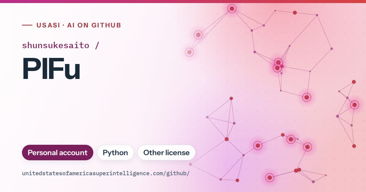 Generated pink constellation network artwork for shunsukesaito/PIFu, labeled USASI · AI on GitHub, with Personal account · Python · Other license.