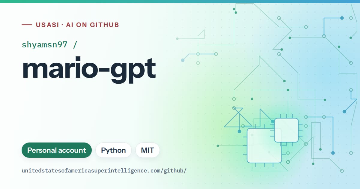 Generated teal circuit-trace artwork for shyamsn97/mario-gpt, labeled USASI · AI on GitHub, with Personal account · Python · MIT.