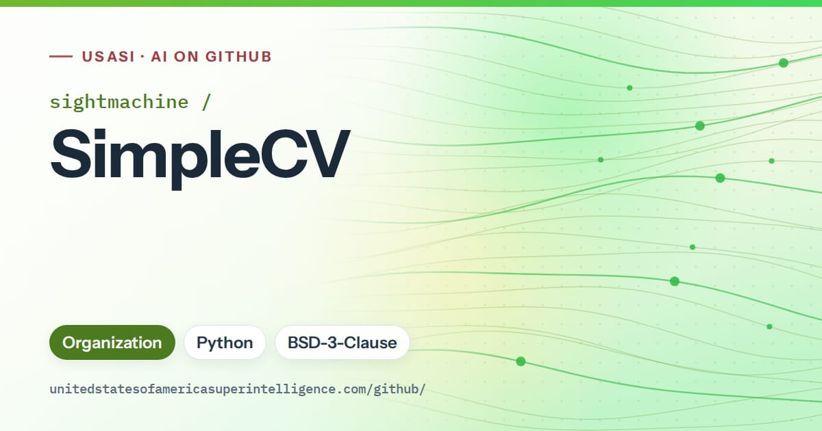 Generated green flowing-wave artwork for sightmachine/SimpleCV, labeled USASI · AI on GitHub, with Organization · Python · BSD-3-Clause.