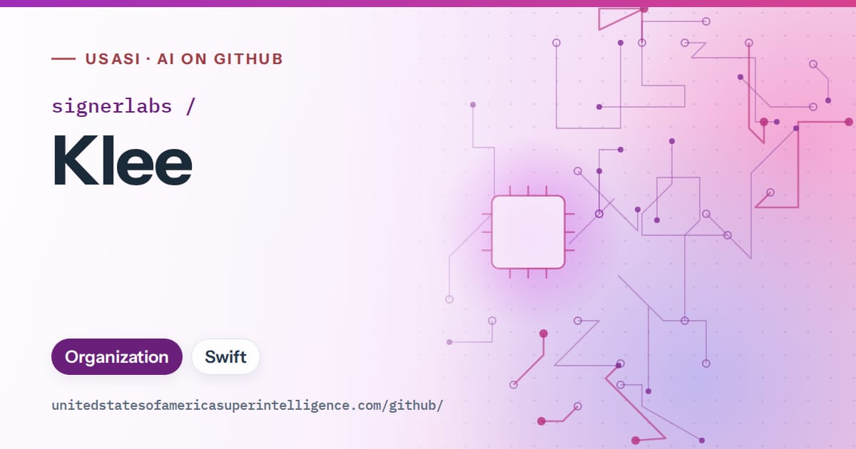 Generated purple circuit-trace artwork for signerlabs/Klee, labeled USASI · AI on GitHub, with Organization · Swift.