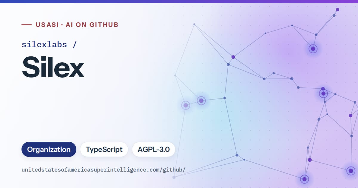 Generated blue constellation network artwork for silexlabs/Silex, labeled USASI · AI on GitHub, with Organization · TypeScript · AGPL-3.0.