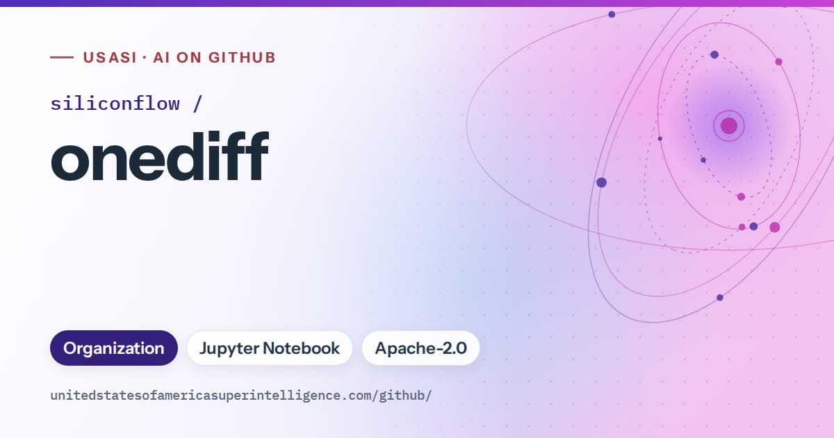 Generated violet orbit artwork for siliconflow/onediff, labeled USASI · AI on GitHub, with Organization · Jupyter Notebook · Apache-2.0.