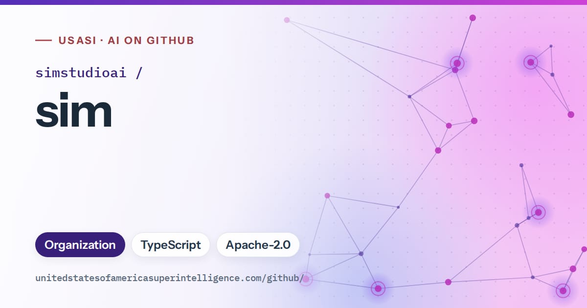 Generated violet constellation network artwork for simstudioai/sim, labeled USASI · AI on GitHub, with Organization · TypeScript · Apache-2.0.