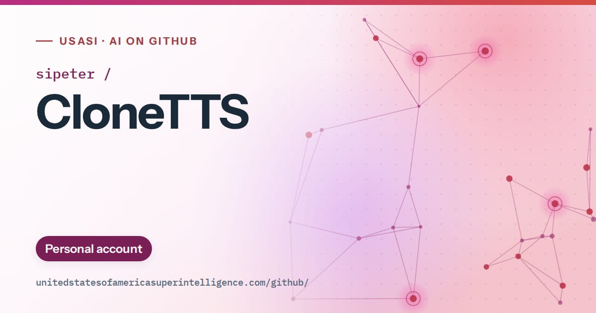 Generated pink constellation network artwork for sipeter/CloneTTS, labeled USASI · AI on GitHub, with Personal account.