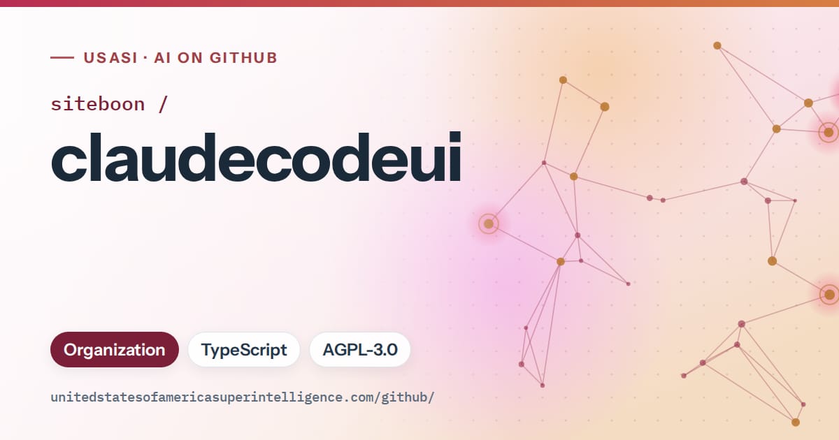 Generated pink constellation network artwork for siteboon/claudecodeui, labeled USASI · AI on GitHub, with Organization · TypeScript · AGPL-3.0.