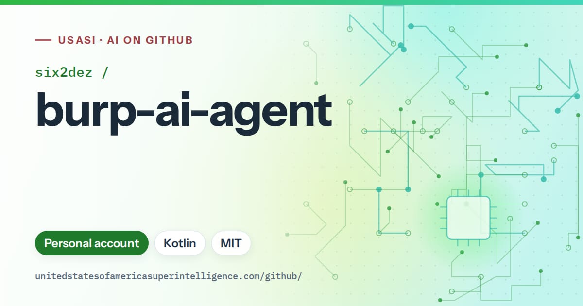 Generated green circuit-trace artwork for six2dez/burp-ai-agent, labeled USASI · AI on GitHub, with Personal account · Kotlin · MIT.