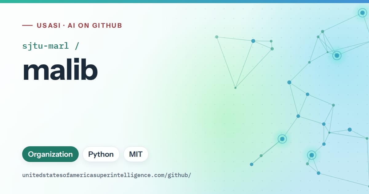 Generated teal constellation network artwork for sjtu-marl/malib, labeled USASI · AI on GitHub, with Organization · Python · MIT.