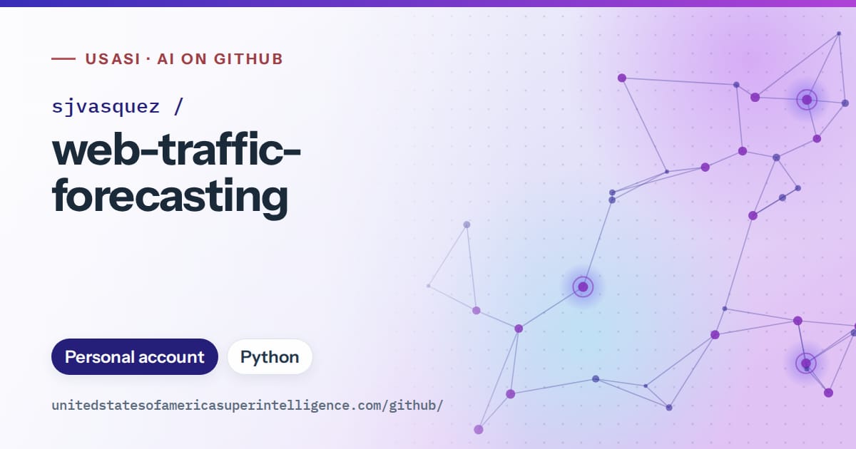 Generated blue constellation network artwork for sjvasquez/web-traffic-forecasting, labeled USASI · AI on GitHub, with Personal account · Python.
