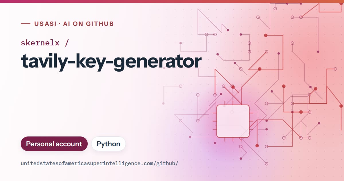 Generated pink circuit-trace artwork for skernelx/tavily-key-generator, labeled USASI · AI on GitHub, with Personal account · Python.