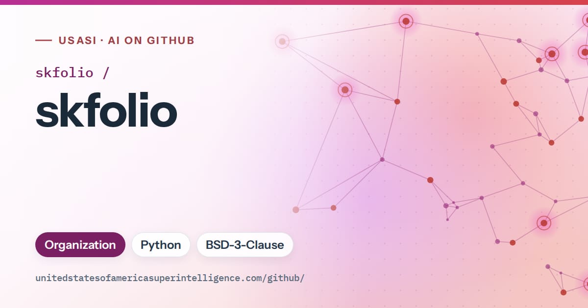 Generated purple constellation network artwork for skfolio/skfolio, labeled USASI · AI on GitHub, with Organization · Python · BSD-3-Clause.