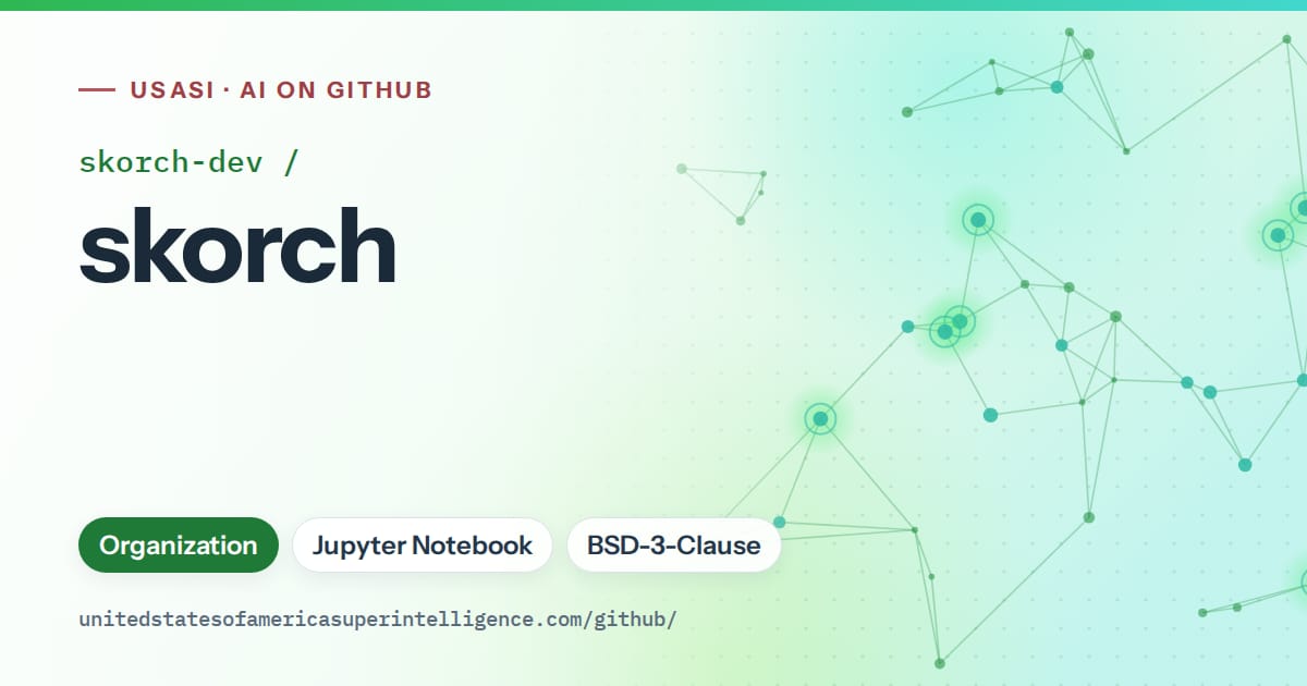 Generated green constellation network artwork for skorch-dev/skorch, labeled USASI · AI on GitHub, with Organization · Jupyter Notebook · BSD-3-Clause.