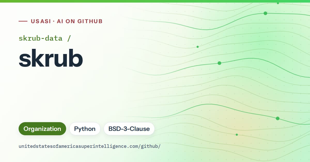 Generated green flowing-wave artwork for skrub-data/skrub, labeled USASI · AI on GitHub, with Organization · Python · BSD-3-Clause.