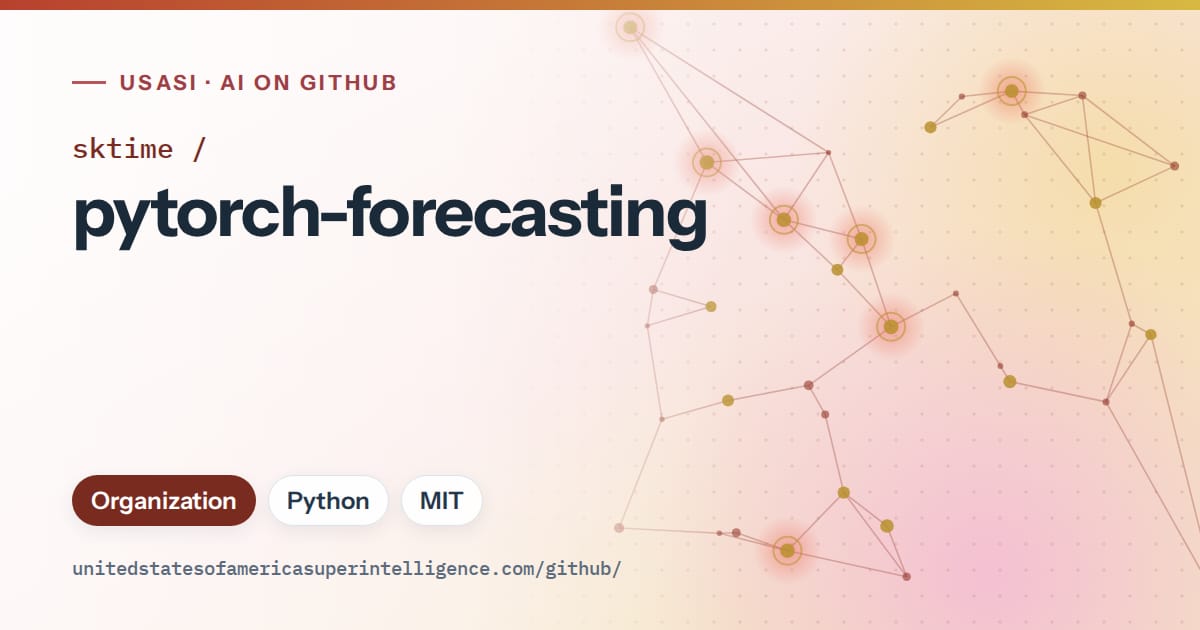 Generated red constellation network artwork for sktime/pytorch-forecasting, labeled USASI · AI on GitHub, with Organization · Python · MIT.
