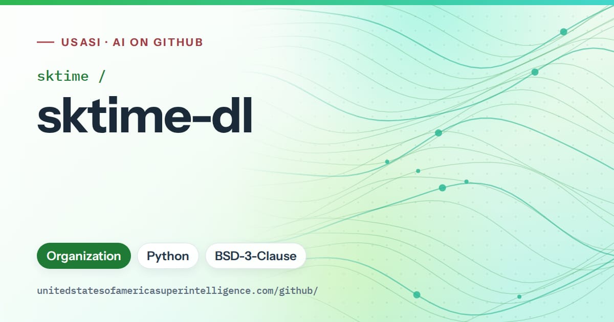 Generated green flowing-wave artwork for sktime/sktime-dl, labeled USASI · AI on GitHub, with Organization · Python · BSD-3-Clause.