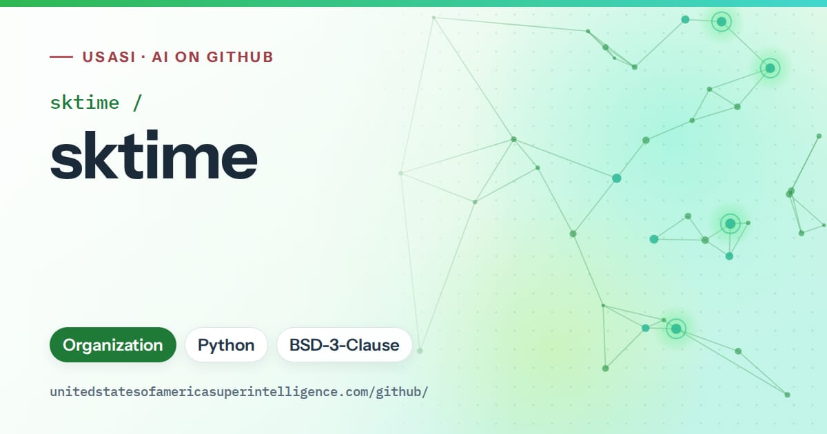 Generated green constellation network artwork for sktime/sktime, labeled USASI · AI on GitHub, with Organization · Python · BSD-3-Clause.