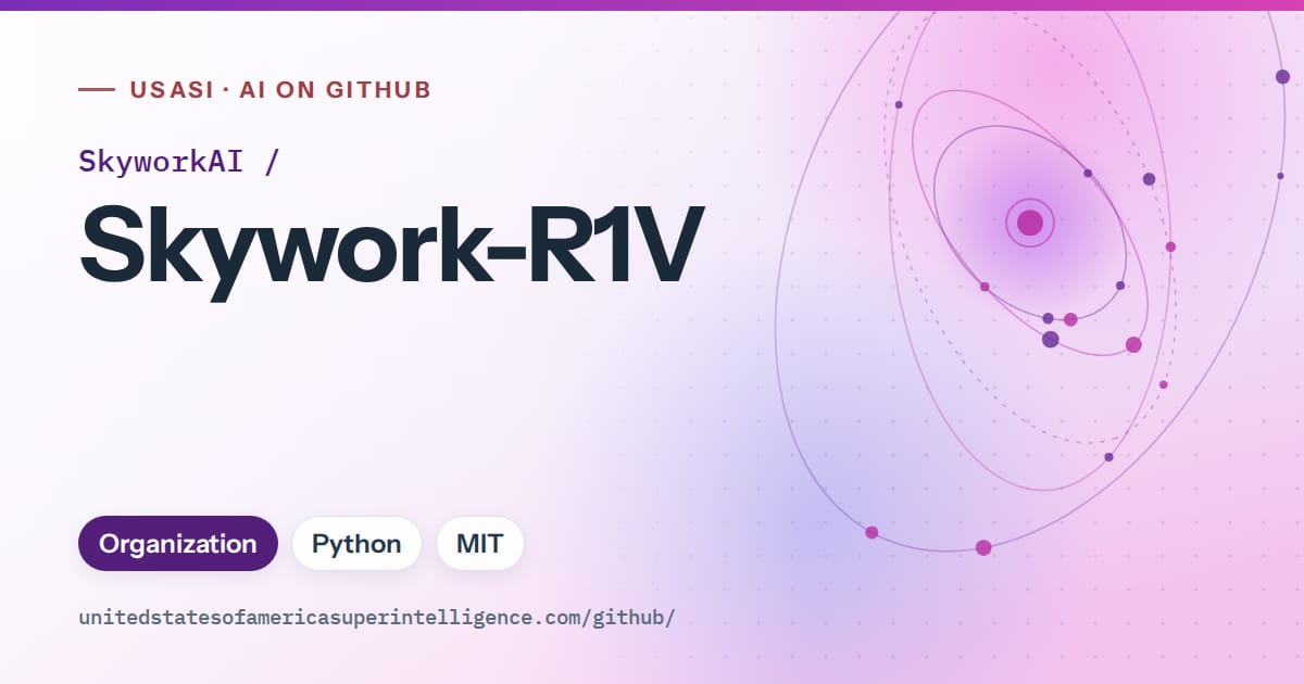Generated violet orbit artwork for SkyworkAI/Skywork-R1V, labeled USASI · AI on GitHub, with Organization · Python · MIT.