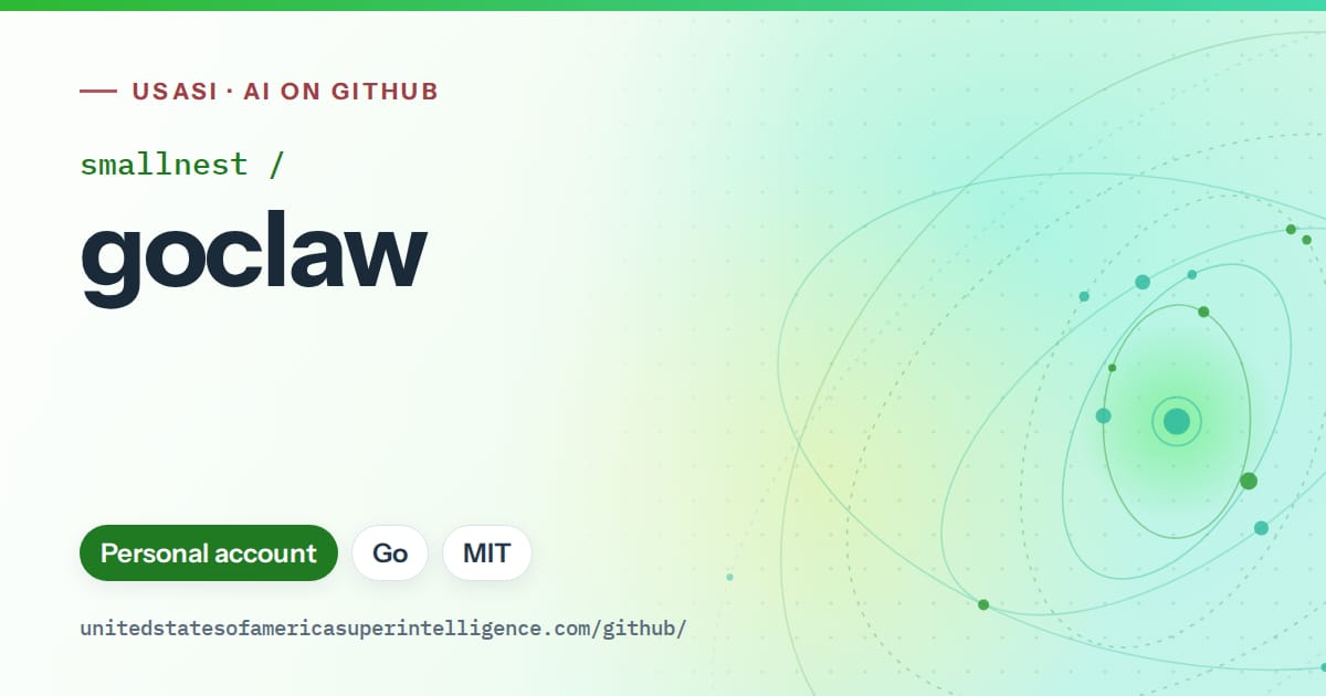 Generated green orbit artwork for smallnest/goclaw, labeled USASI · AI on GitHub, with Personal account · Go · MIT.
