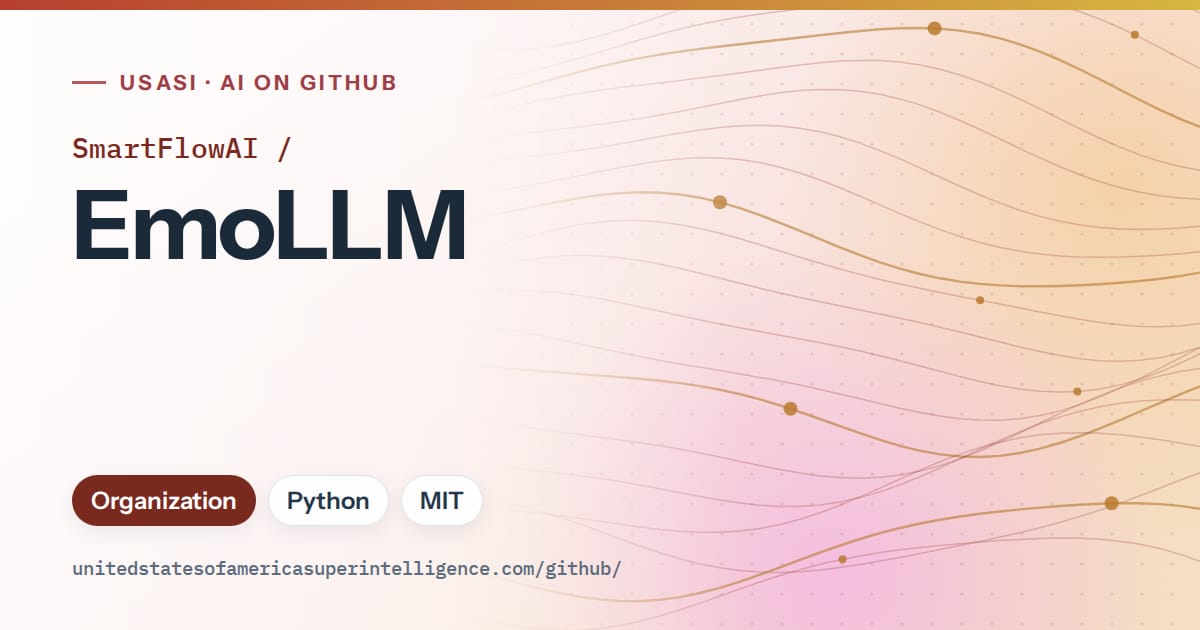 Generated red flowing-wave artwork for SmartFlowAI/EmoLLM, labeled USASI · AI on GitHub, with Organization · Python · MIT.