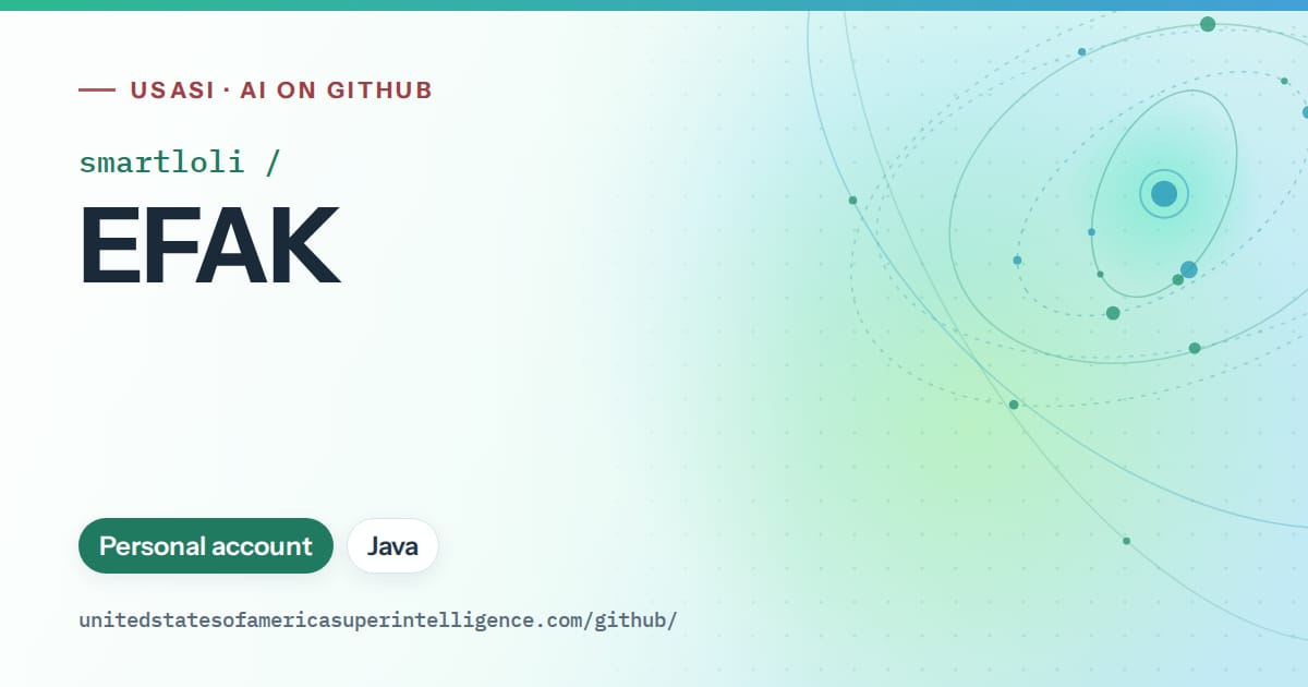 Generated teal orbit artwork for smartloli/EFAK, labeled USASI · AI on GitHub, with Personal account · Java.