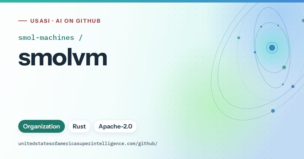 Generated teal orbit artwork for smol-machines/smolvm, labeled USASI · AI on GitHub, with Organization · Rust · Apache-2.0.
