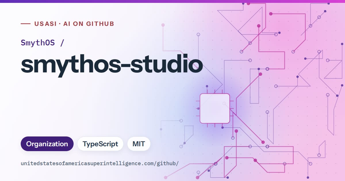 Generated violet circuit-trace artwork for SmythOS/smythos-studio, labeled USASI · AI on GitHub, with Organization · TypeScript · MIT.