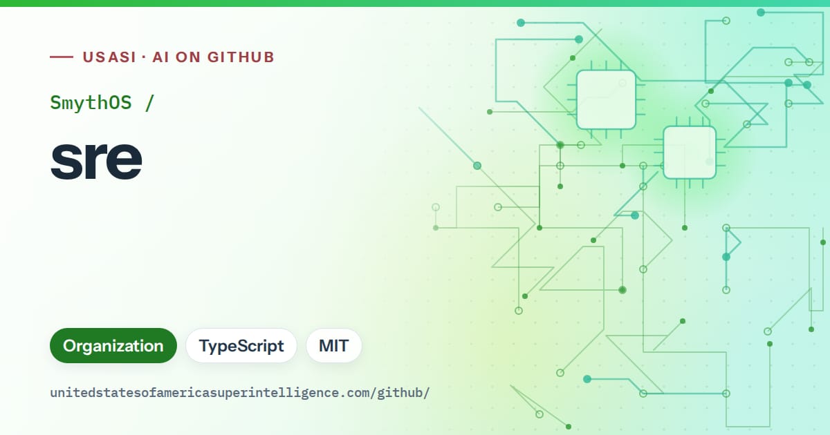 Generated green circuit-trace artwork for SmythOS/sre, labeled USASI · AI on GitHub, with Organization · TypeScript · MIT.