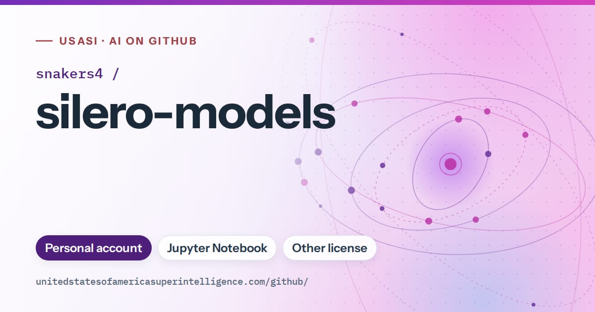 Generated violet orbit artwork for snakers4/silero-models, labeled USASI · AI on GitHub, with Personal account · Jupyter Notebook · Other license.
