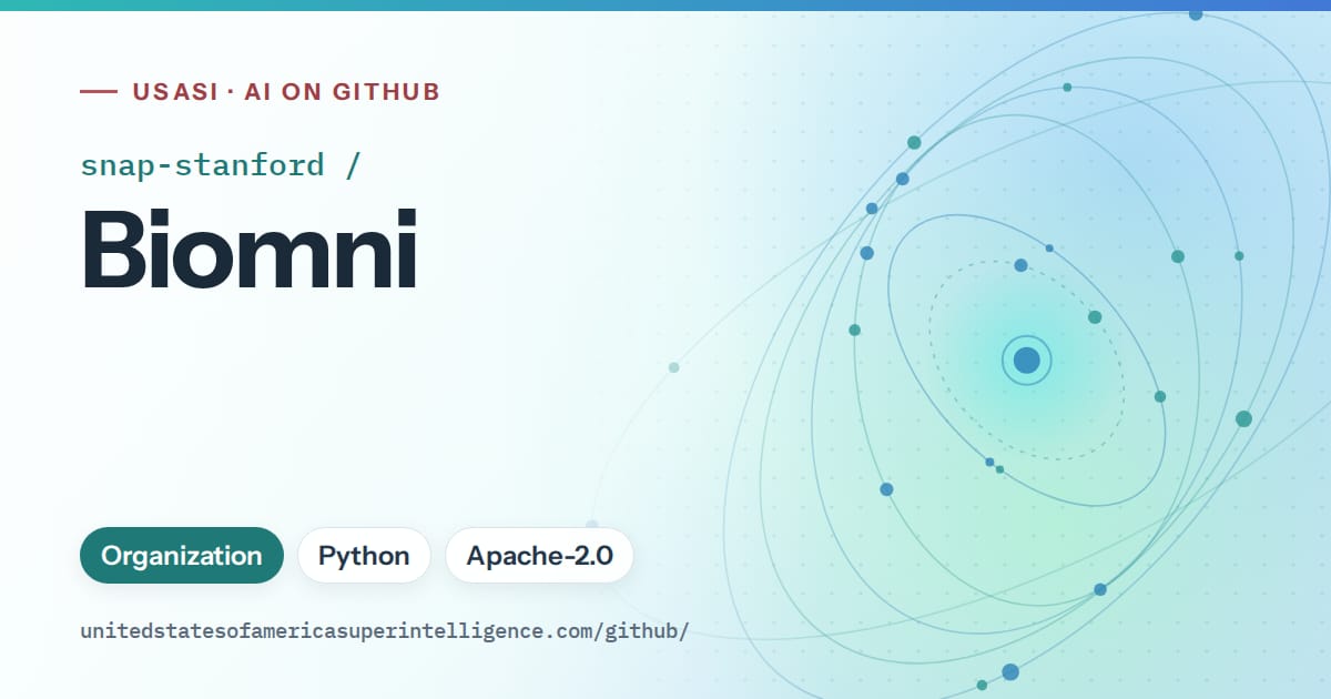 Generated teal orbit artwork for snap-stanford/Biomni, labeled USASI · AI on GitHub, with Organization · Python · Apache-2.0.
