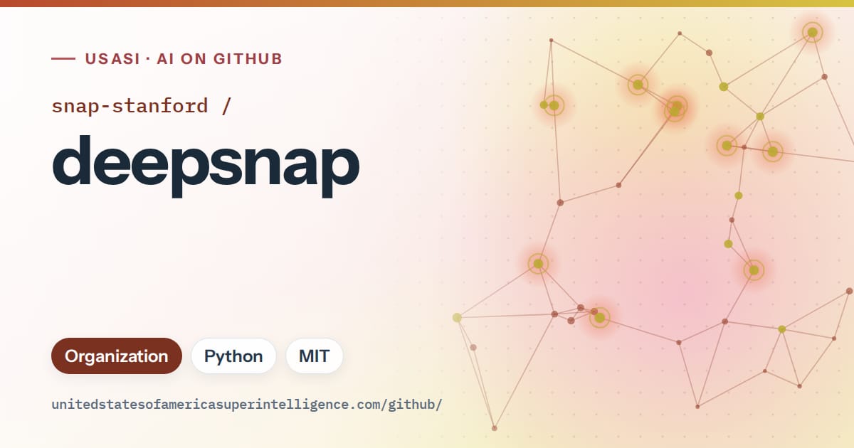 Generated red constellation network artwork for snap-stanford/deepsnap, labeled USASI · AI on GitHub, with Organization · Python · MIT.