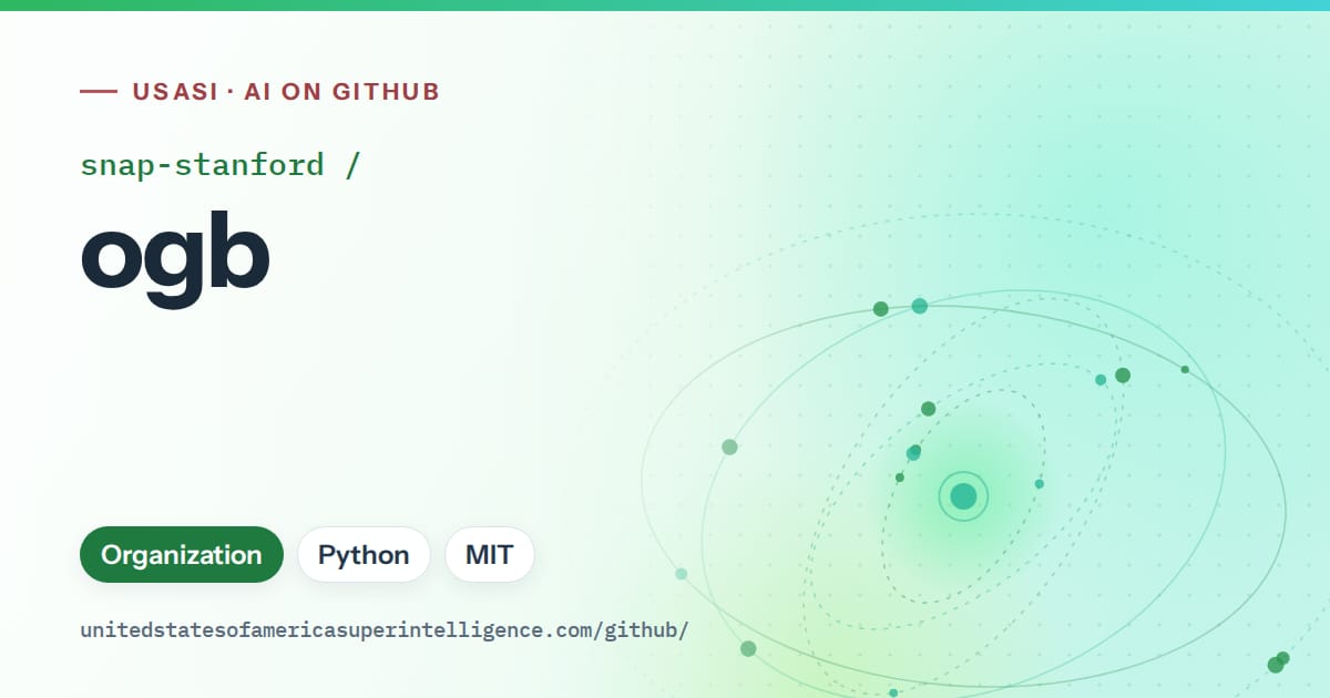 Generated green orbit artwork for snap-stanford/ogb, labeled USASI · AI on GitHub, with Organization · Python · MIT.