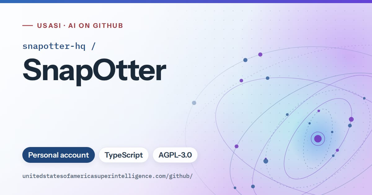 Generated sky blue orbit artwork for snapotter-hq/SnapOtter, labeled USASI · AI on GitHub, with Personal account · TypeScript · AGPL-3.0.