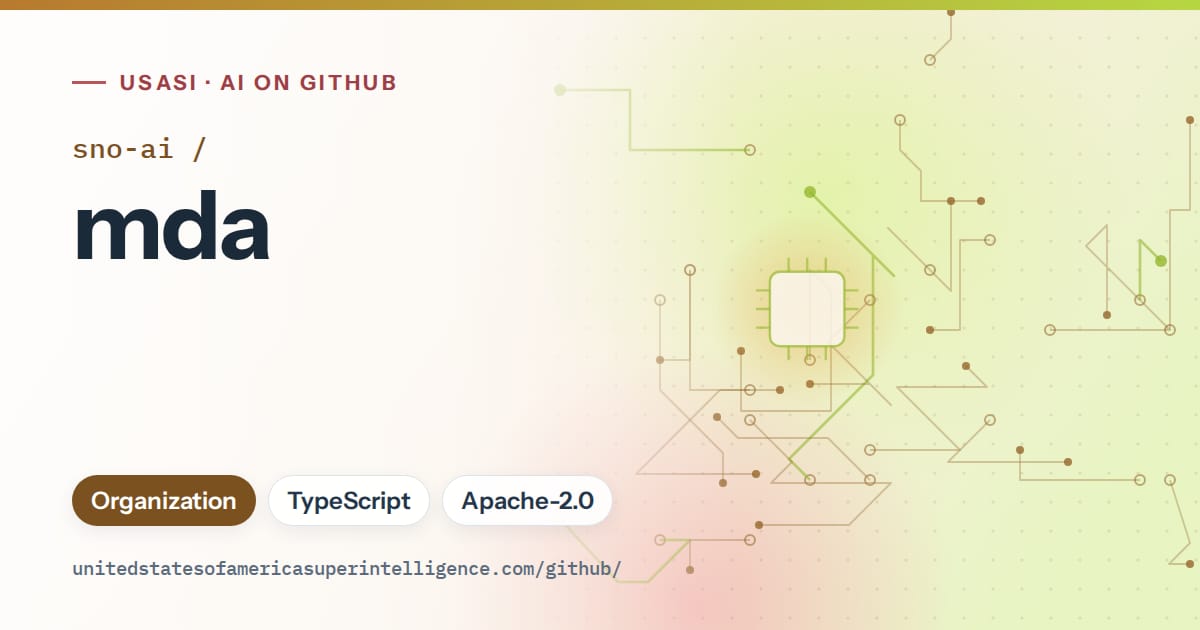 Generated orange circuit-trace artwork for sno-ai/mda, labeled USASI · AI on GitHub, with Organization · TypeScript · Apache-2.0.
