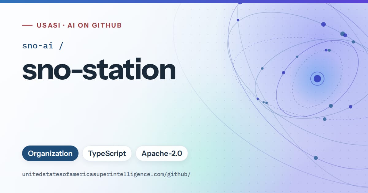 Generated sky blue orbit artwork for sno-ai/sno-station, labeled USASI · AI on GitHub, with Organization · TypeScript · Apache-2.0.