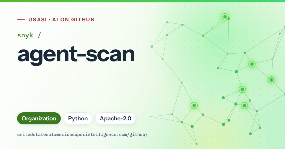 Generated green constellation network artwork for snyk/agent-scan, labeled USASI · AI on GitHub, with Organization · Python · Apache-2.0.