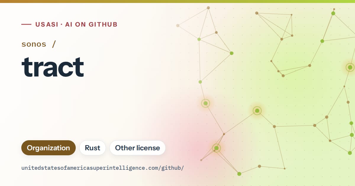 Generated orange constellation network artwork for sonos/tract, labeled USASI · AI on GitHub, with Organization · Rust · Other license.