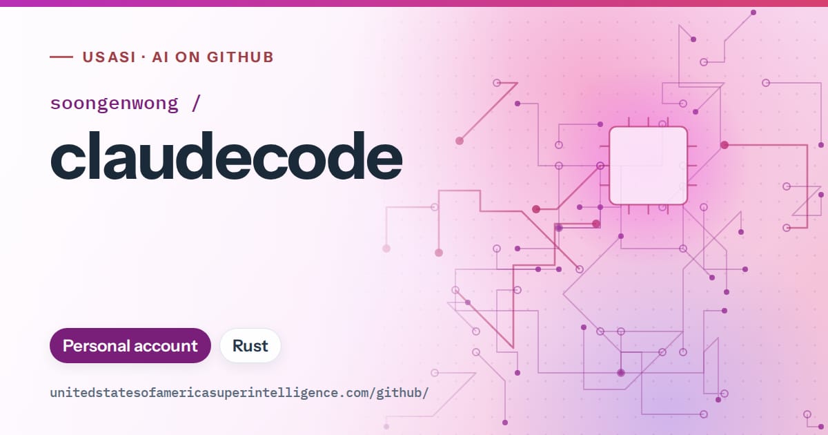 Generated purple circuit-trace artwork for soongenwong/claudecode, labeled USASI · AI on GitHub, with Personal account · Rust.