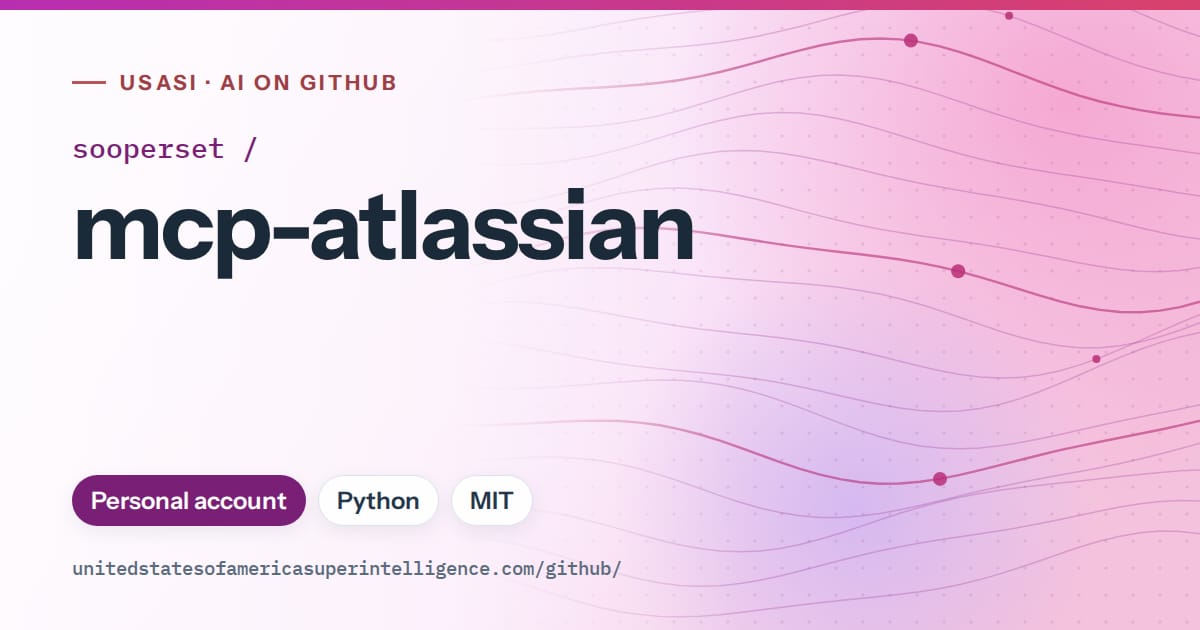 Generated purple flowing-wave artwork for sooperset/mcp-atlassian, labeled USASI · AI on GitHub, with Personal account · Python · MIT.