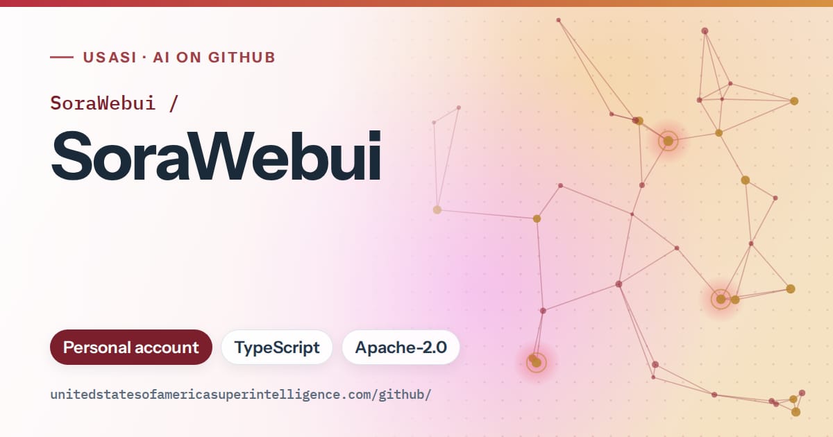 Generated red constellation network artwork for SoraWebui/SoraWebui, labeled USASI · AI on GitHub, with Personal account · TypeScript · Apache-2.0.